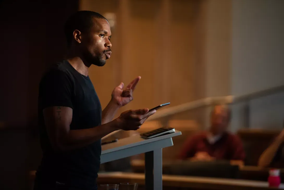 MFA Summer Residency visiting writer speaking to a class